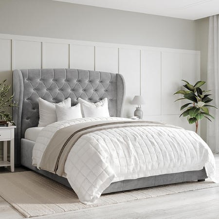 Safina Grey Velvet Double Ottoman Bed, Grey Winged Headboard Bed