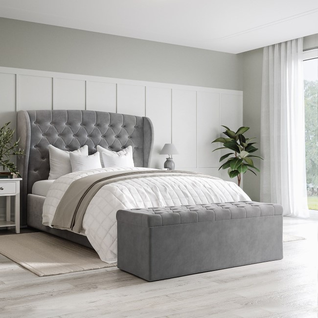 ALMOST PERFECT - Grey Velvet Double Ottoman Bed with Winged Headboard - Safina