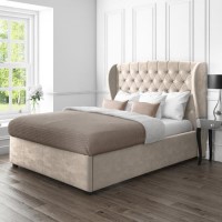 Safina Wing Back Double Ottoman Bed In Beige Velvet