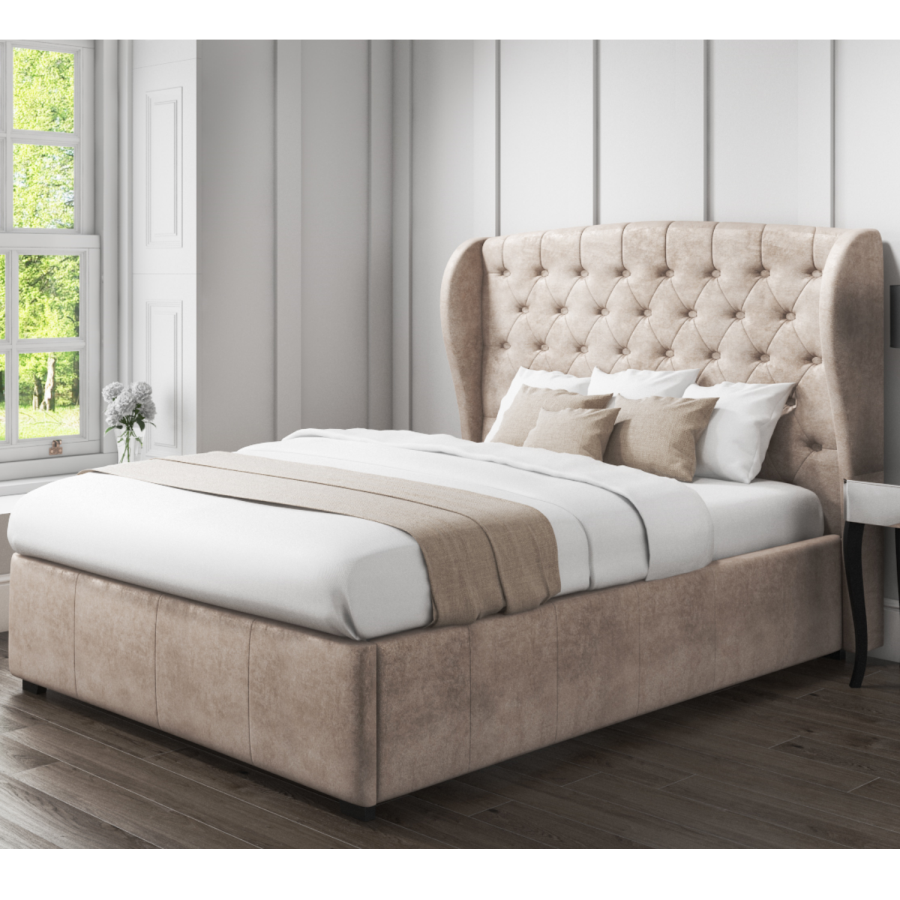 GRADE A1 - Safina Beige Velvet Double Ottoman Bed with Wing Back
