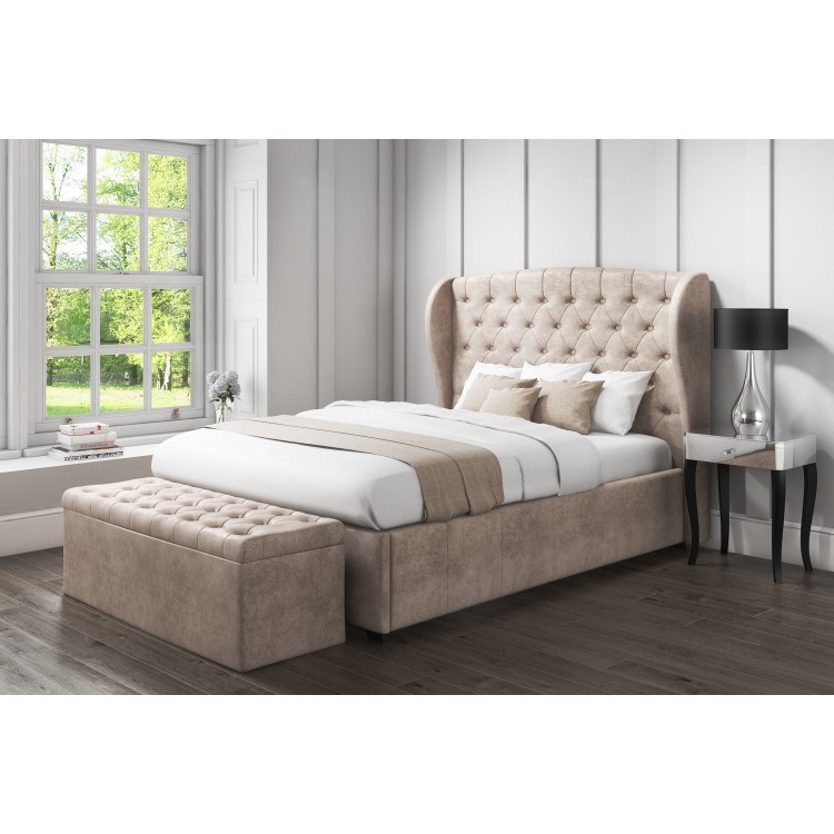 Safina Wing Back Double Ottoman Bed In Beige Velvet