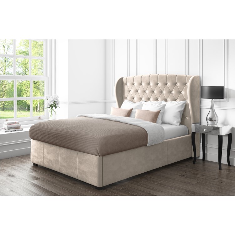 Safina Wing Back Double Ottoman Bed In Beige Velvet