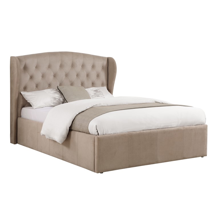 Safina Wing Back Double Ottoman Bed In Beige Velvet