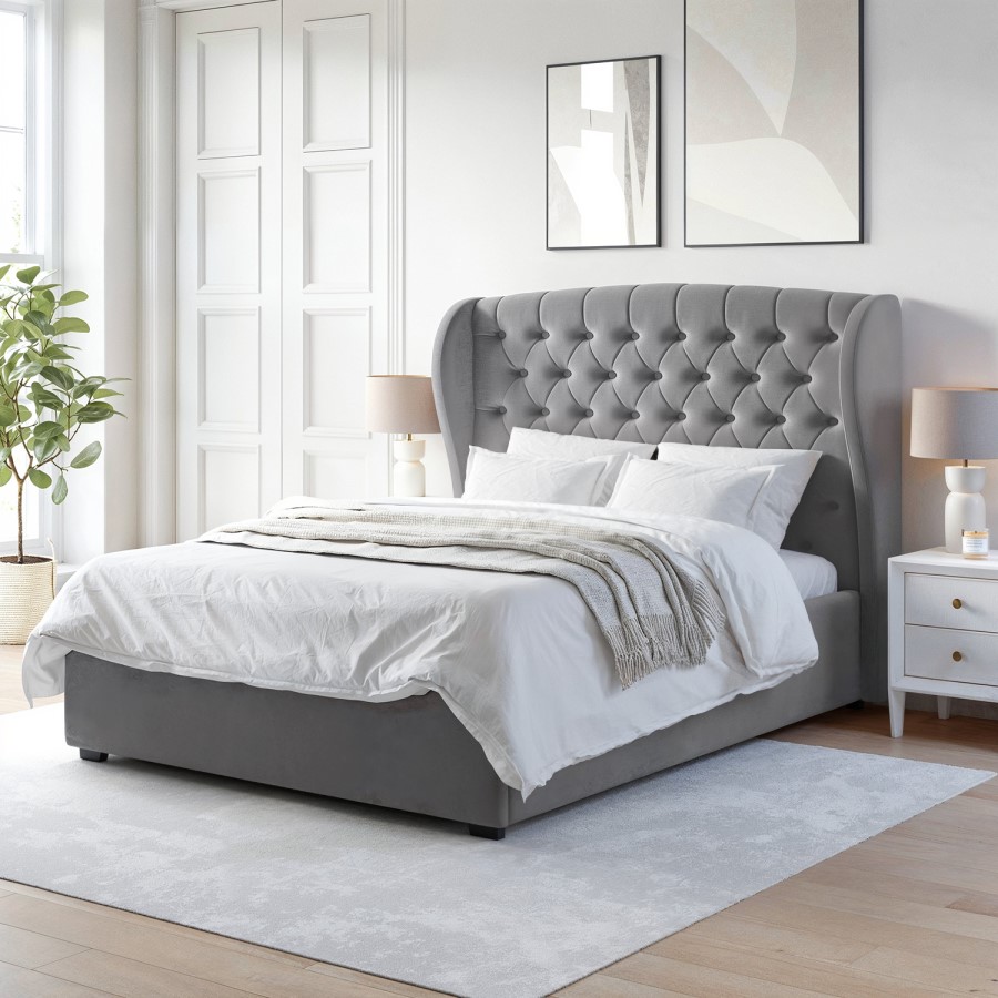 ONLY OPENED - Grey Velvet King Size Ottoman Bed with Winged Headboard - Safina
