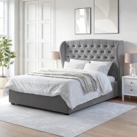 ONLY OPENED - Grey Velvet King Size Ottoman Bed with Winged Headboard - Safina