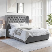 Grey Velvet King Size Ottoman Bed with Winged Headboard - Safina
