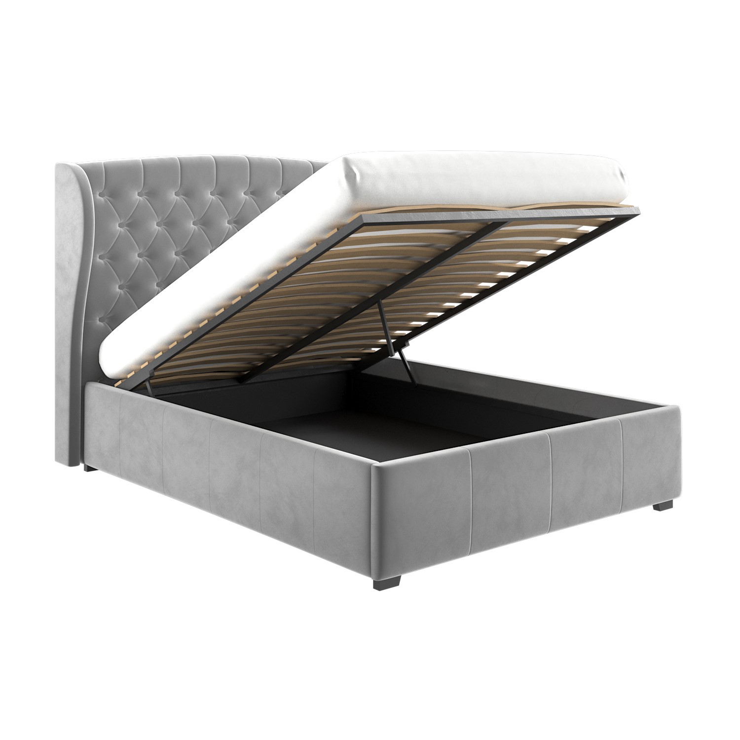 Grey Velvet Double Ottoman Bed with Winged Headboard Safina
