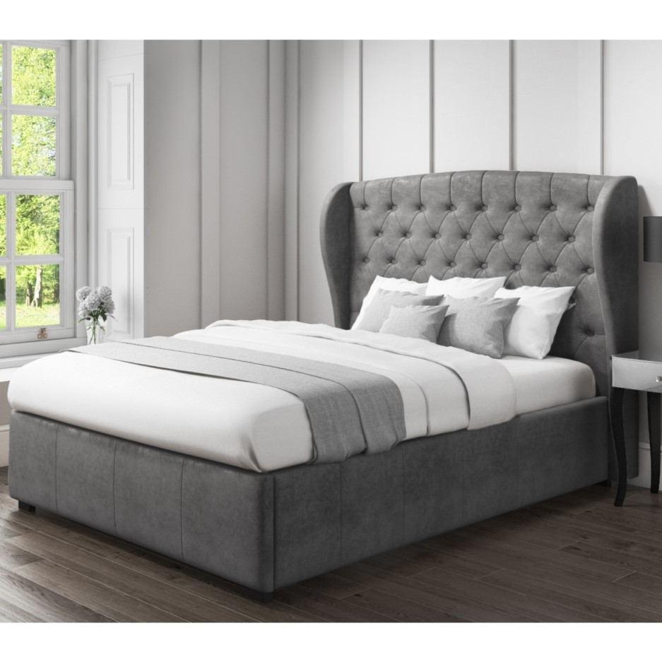 GRADE A1 - Safina Wing Back King Size Ottoman Bed in Grey Velvet