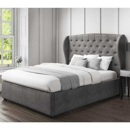 Safina Wing Back King Size Ottoman Bed In Grey Velvet | Furniture123