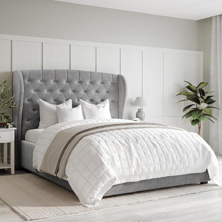 Safina Grey Velvet King Size Ottoman Bed with Winged Headboard ...