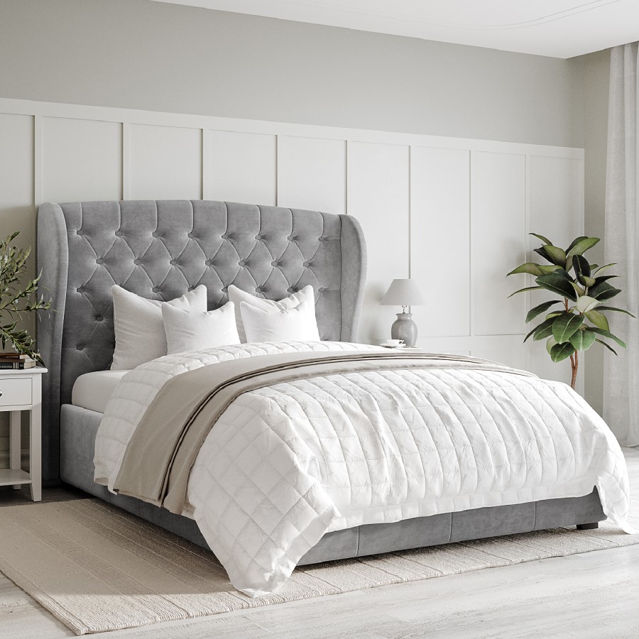 ONLY OPENED - Safina Wing Back King Size Ottoman Bed in Grey Velvet