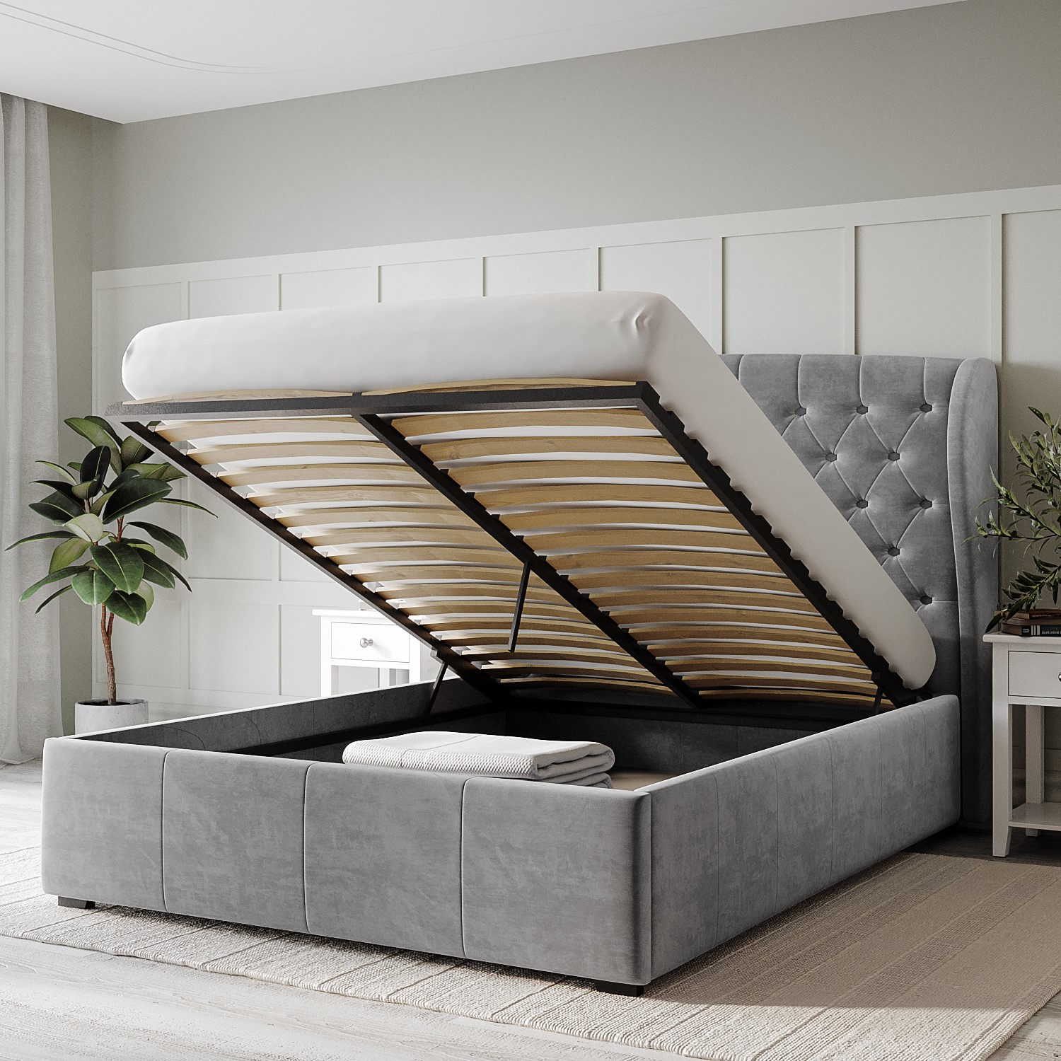 Safina Grey Velvet King Size Ottoman Bed with Winged Headboard