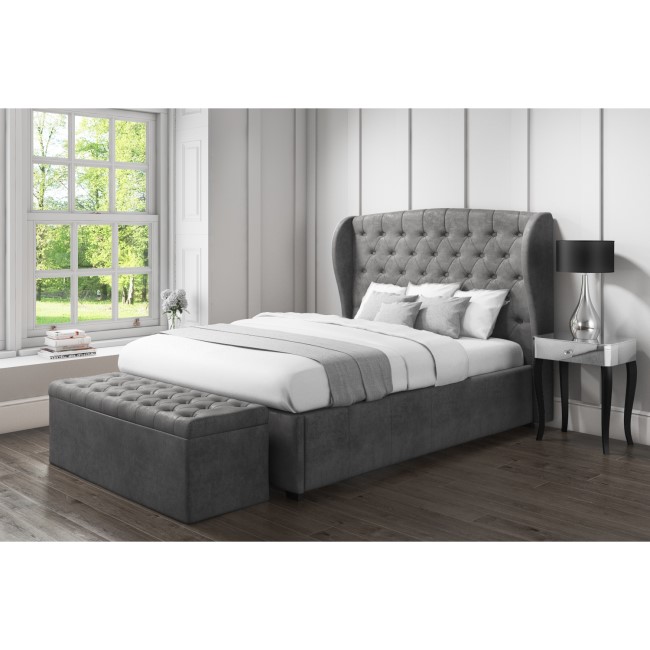 GRADE A1 - Safina Wing Back King Size Ottoman Bed in Grey Velvet