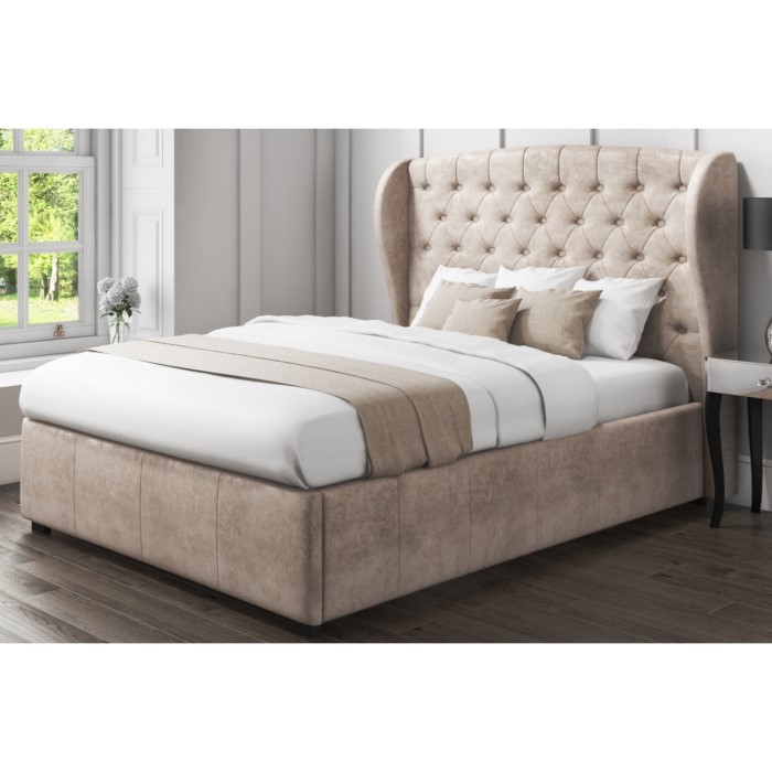 Grade A1 Safina Wing Back King Size Ottoman Bed In Beige Velvet Grade A1 Safina Wing Back King Size Ottoman Bed In Beige Velvet 77451873 1 Saf024