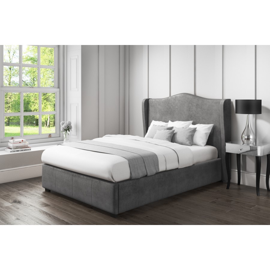 Safina Wing Back King Size Ottoman Bed in Grey Velvet