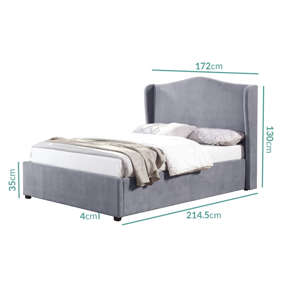 Safina Wing Back King Size Ottoman Bed in Grey Velvet