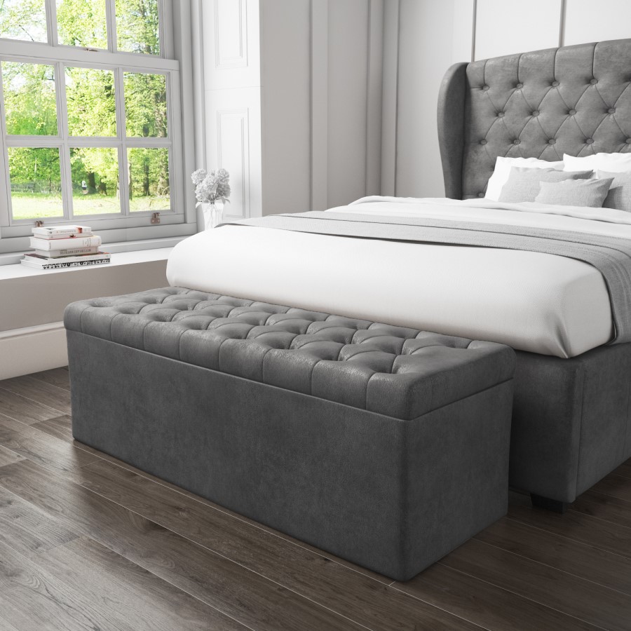 GRADE A2 - Safina Ottoman Storage Box in Grey Velvet
