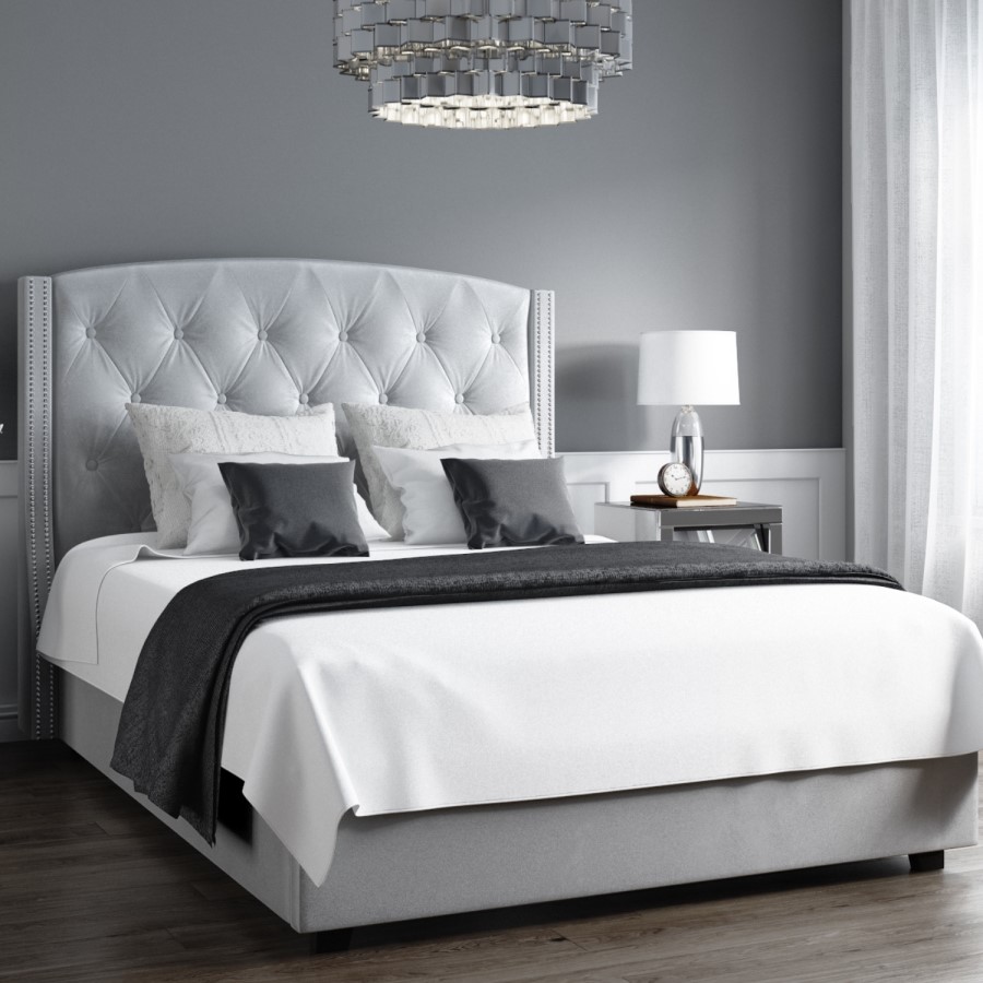 GRADE A1 - Safina Wing Back Double 
Ottoman Bed in Silver/Grey Velvet