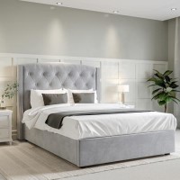 Grey Velvet Double Ottoman Bed with Chesterfield Studded Headboard - Safina Grey Velvet Double Ottoman Bed with Chesterfield Studded Headboard - Safina
