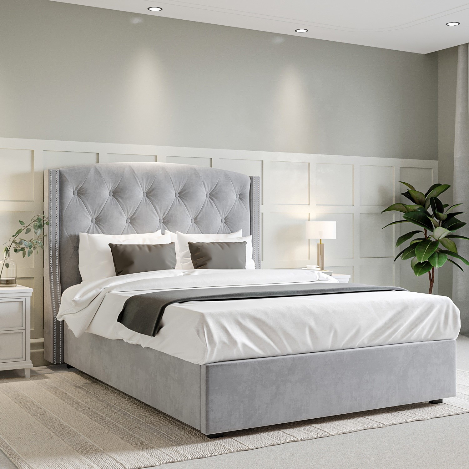 Photo of Grey velvet double ottoman bed with chesterfield studded headboard - safina