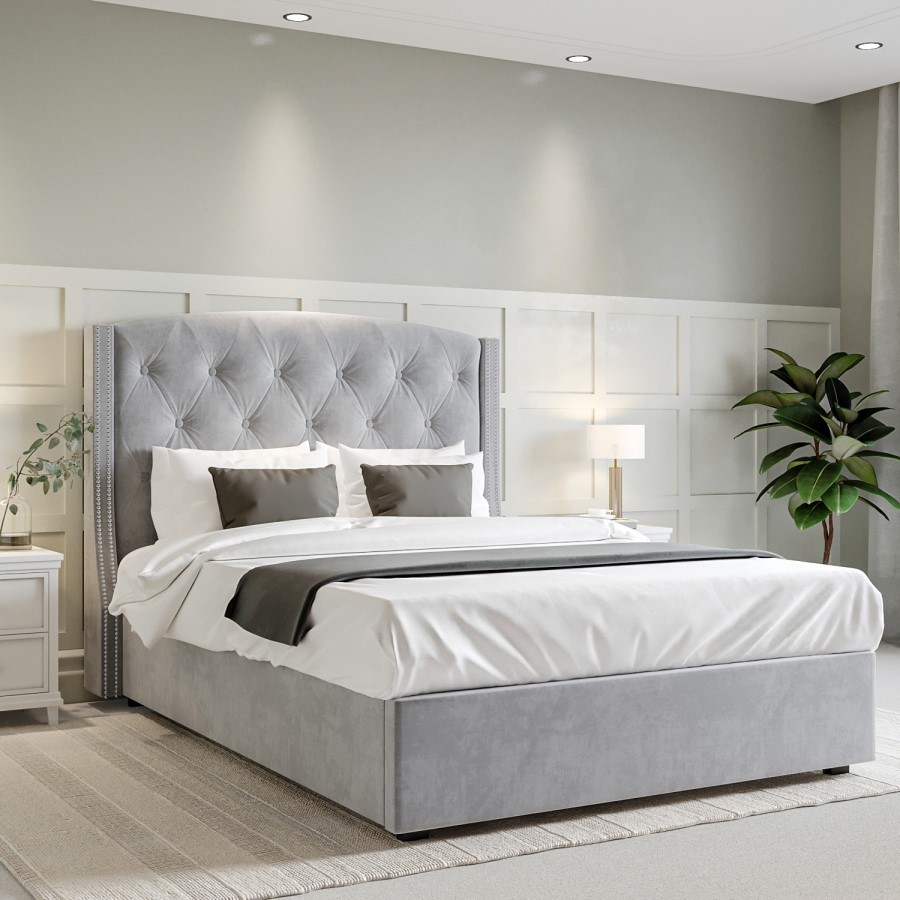 Grey Velvet Double Ottoman Bed with Chesterfield Studded Headboard - Safina