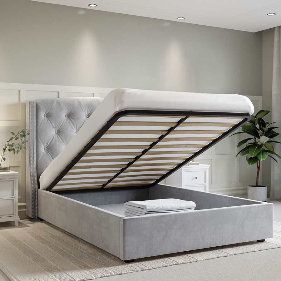 Grey Velvet Double Ottoman Bed with Chesterfield Studded Headboard - Safina
