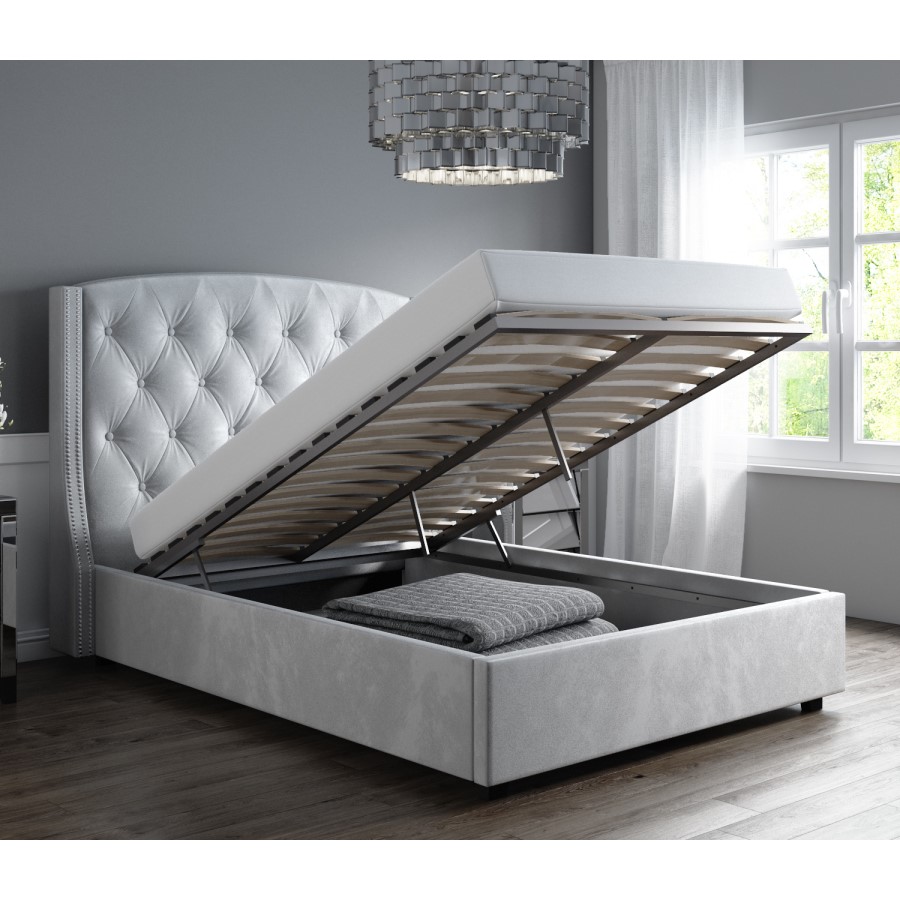 GRADE A1 - Safina Wing Back Double 
Ottoman Bed in Silver/Grey Velvet