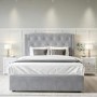 Grey Velvet Double Ottoman Bed with Chesterfield Studded Headboard - Safina