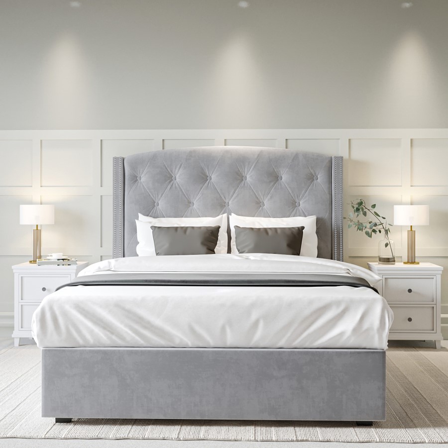 Grey Velvet Double Ottoman Bed with Chesterfield Studded Headboard - Safina