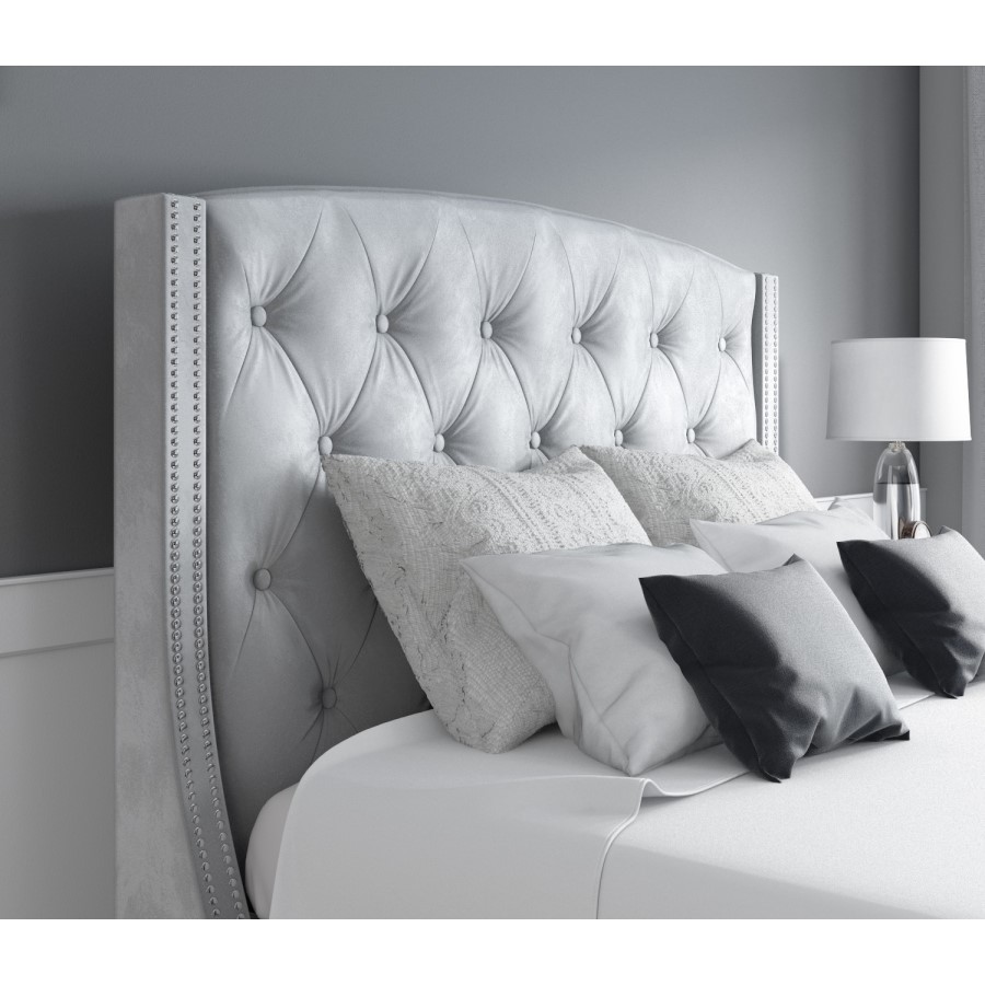 Grey Velvet Double Ottoman Bed with Chesterfield Studded Headboard - Safina