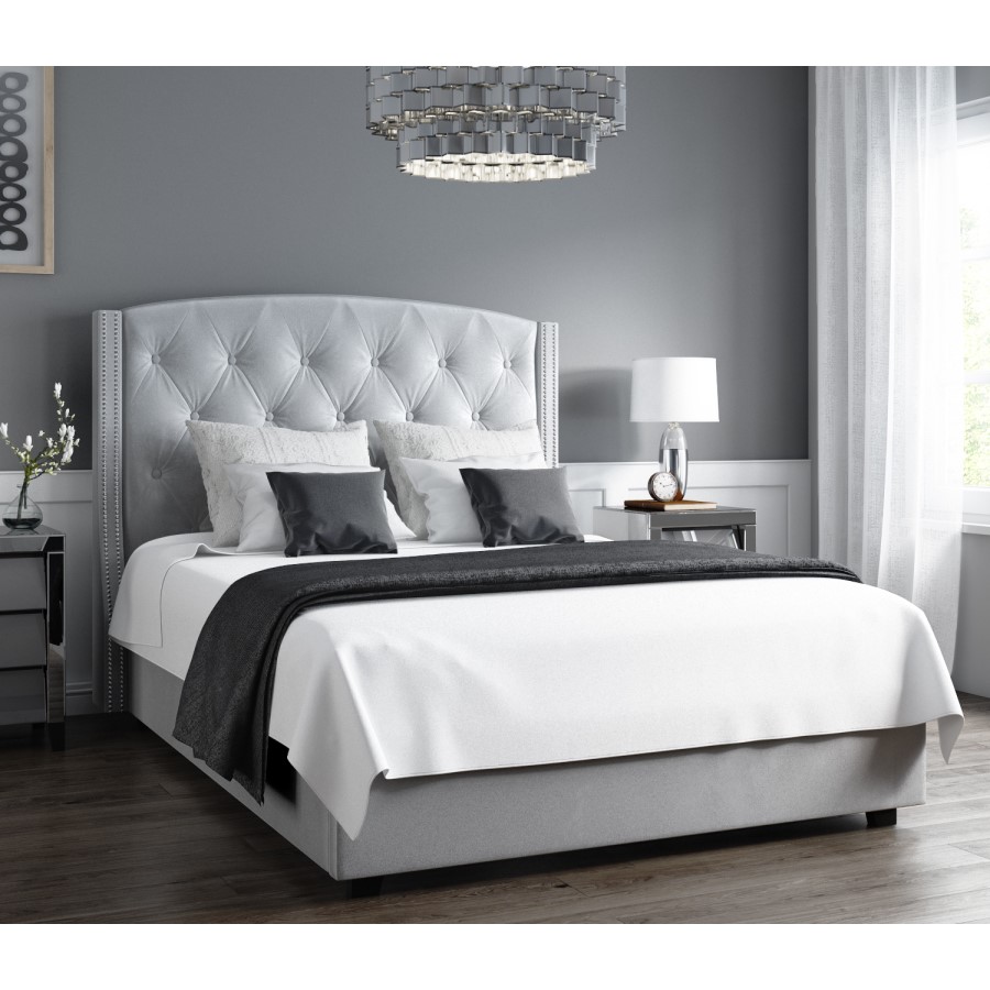 GRADE A1 - Safina Wing Back Double 
Ottoman Bed in Silver/Grey Velvet