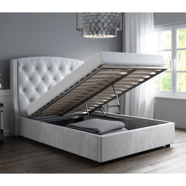 GRADE A1 - Safina King Size 
Wing Back Ottoman Bed in Silver Grey Velvet