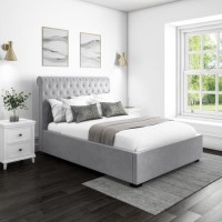 Grey Velvet Double Ottoman Bed with Roll Top Headboard - Safina