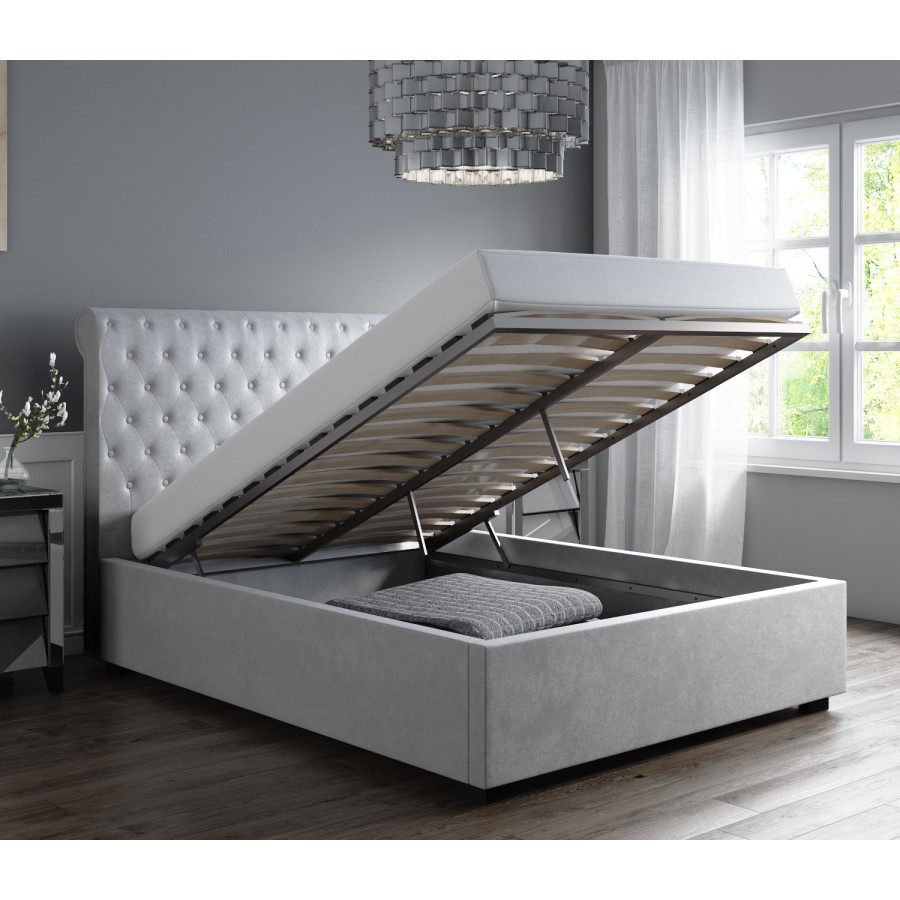 Grey Velvet King Size Ottoman Bed with Roll Top Headboard - Safina