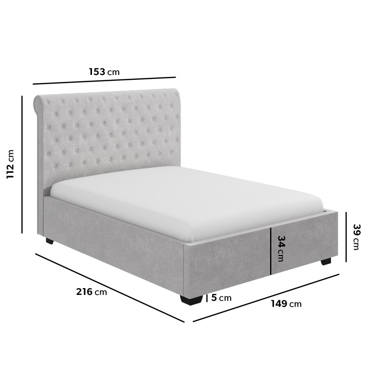 Grey Velvet Double Ottoman Bed with Roll Top Headboard - Safina