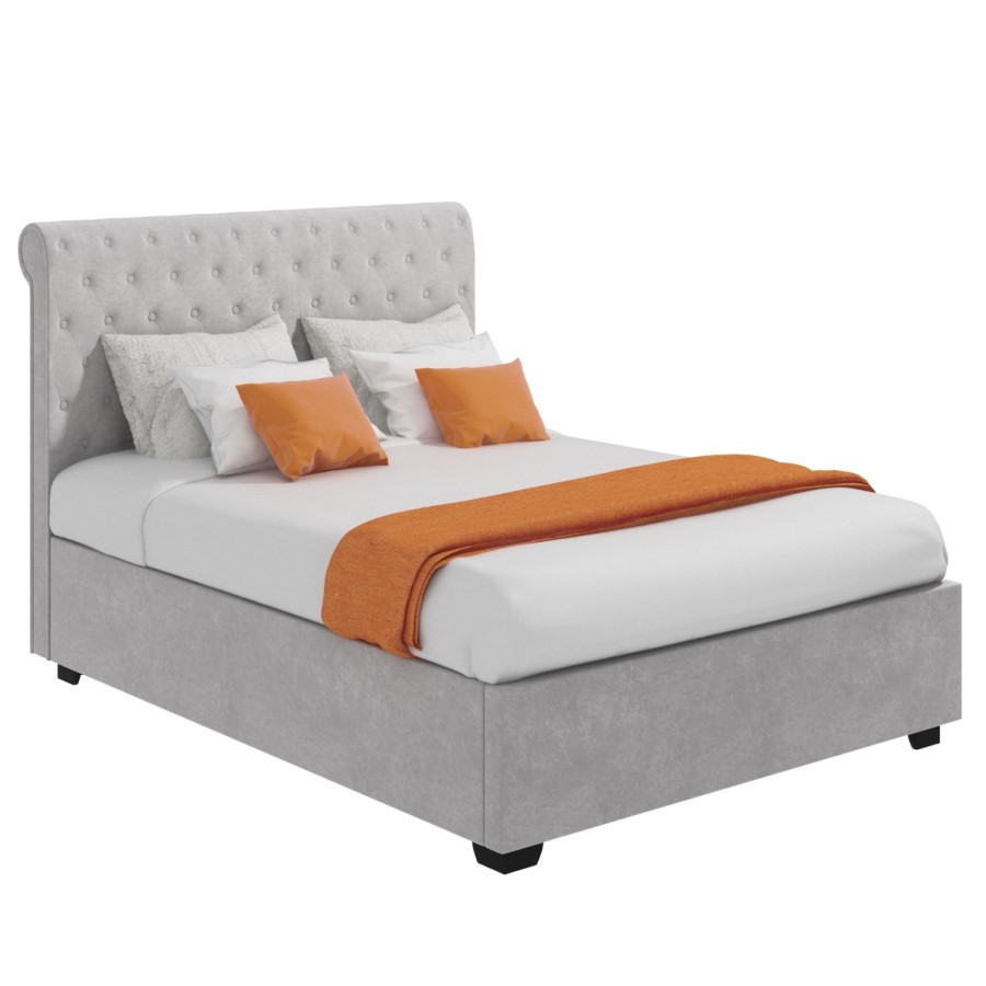 Grey Velvet King Size Ottoman Bed with Roll Top Headboard - Safina