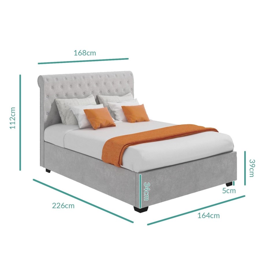 Grey Velvet King Size Ottoman Bed with Roll Top Headboard - Safina