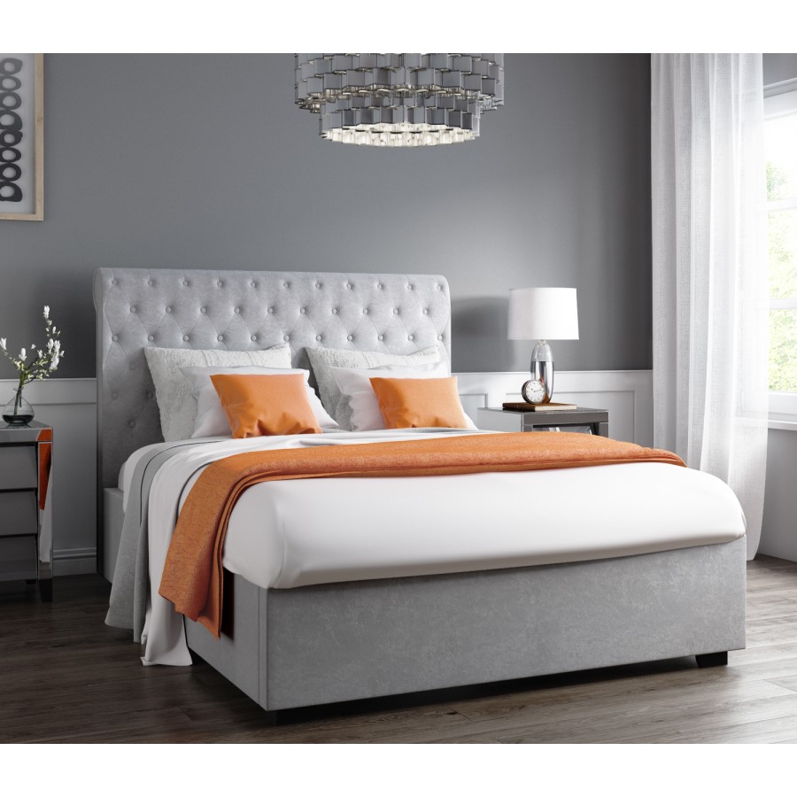 GRADE A1 - Safina Rolltop King Size Ottoman Bed in Silver/Grey Velvet