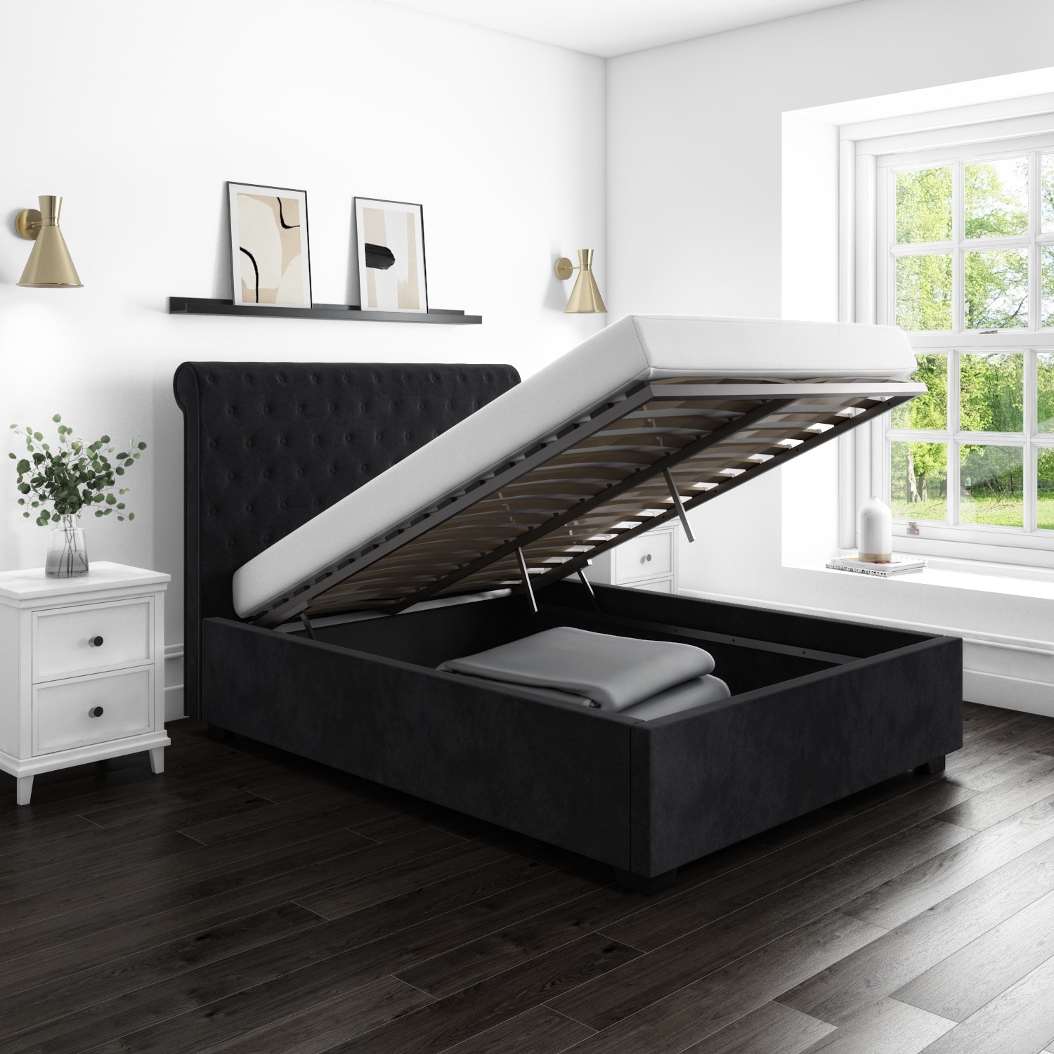 GRADE A2 - Safina Dark Grey Velvet King Size Ottoman Bed with Roll Top
