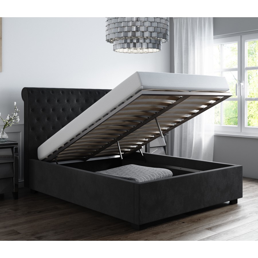 Safina Rolltop Double Ottoman Bed in Dark Grey Velvet