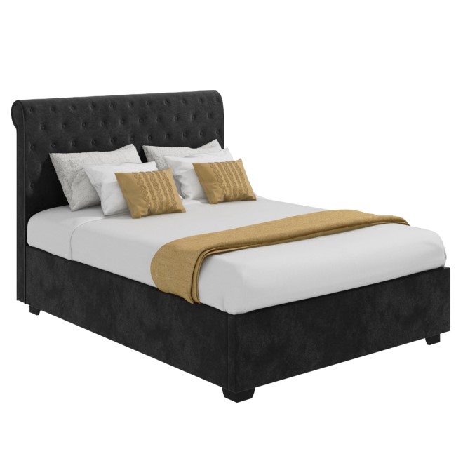 Dark Grey Velvet King Size Ottoman Bed with Roll Top Headboard - Safina