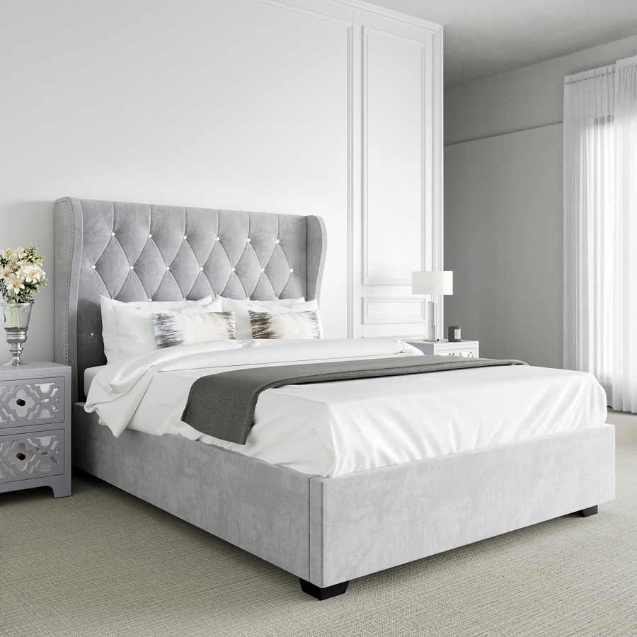 Grey Velvet Double Ottoman Bed with Diamante Headboard - Safina