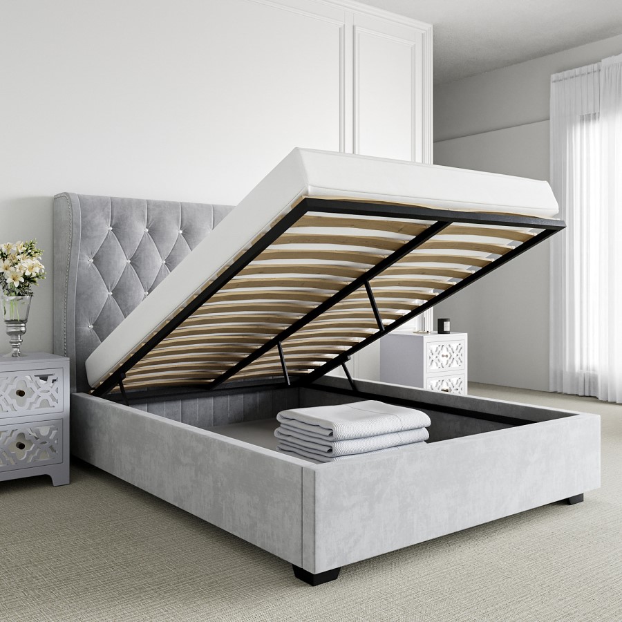 Grey Velvet Double Ottoman Bed with Diamante Headboard - Safina