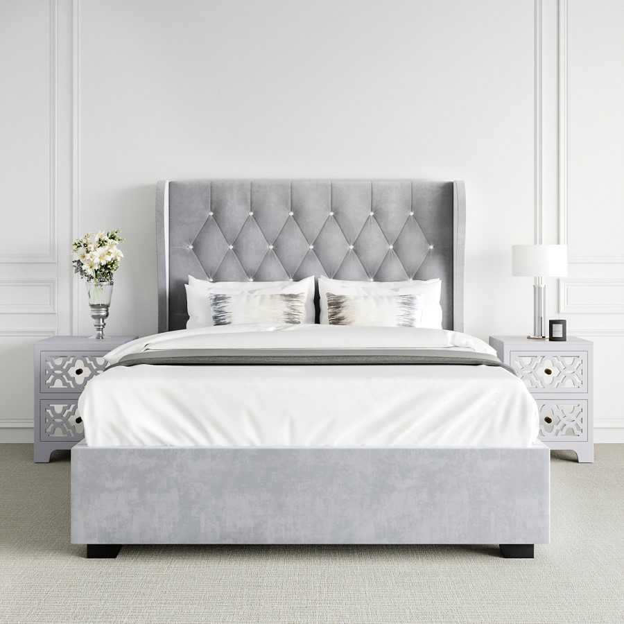Grey Velvet Double Ottoman Bed with Diamante Headboard - Safina