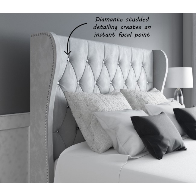 Grey Velvet Double Ottoman Bed with Diamante Headboard - Safina