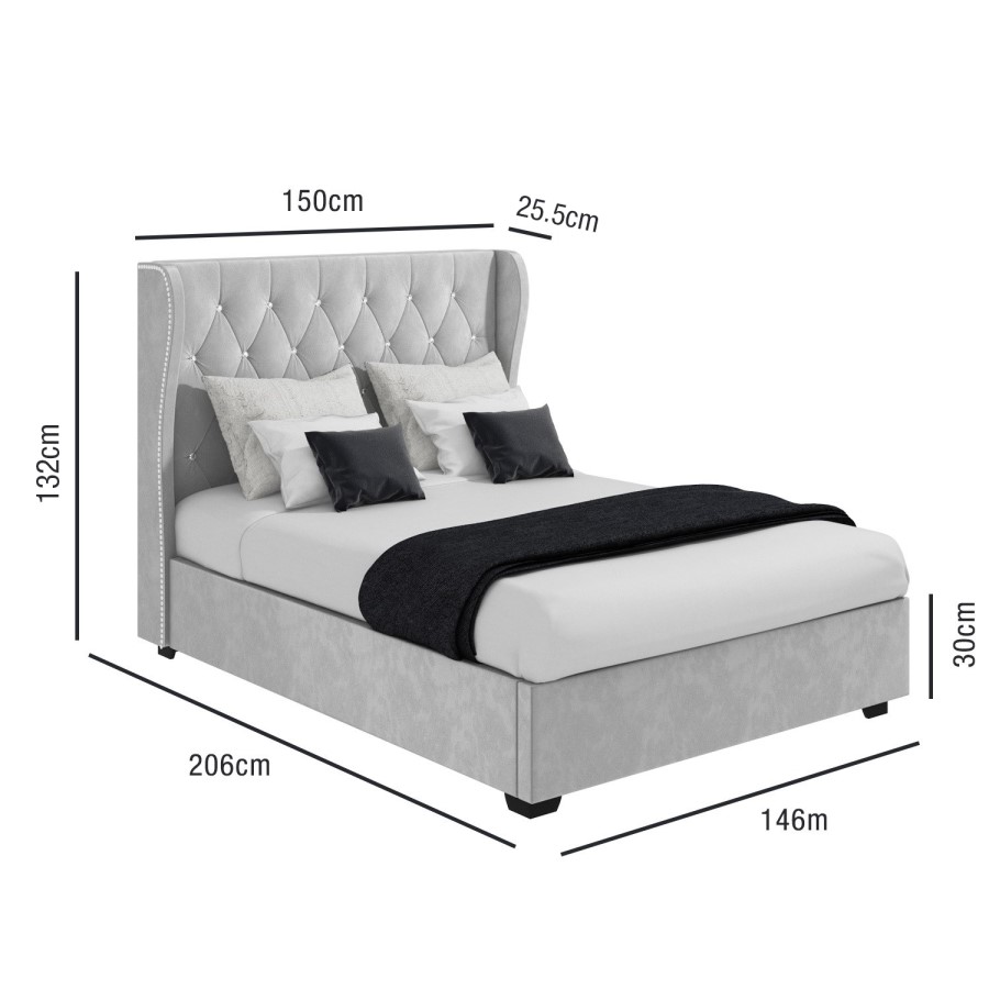 GRADE A1 - Safina Diamante Wing Back Double Ottoman Bed in Silver Grey Velvet