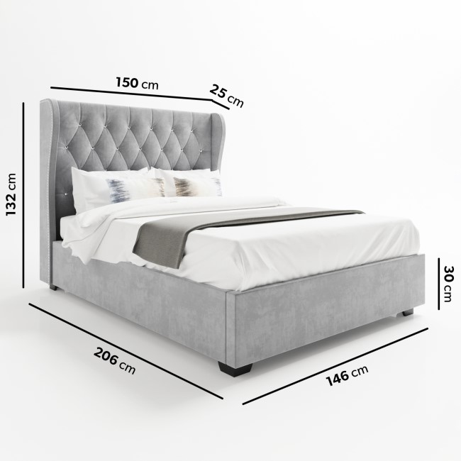 Grey Velvet Double Ottoman Bed with Diamante Headboard - Safina