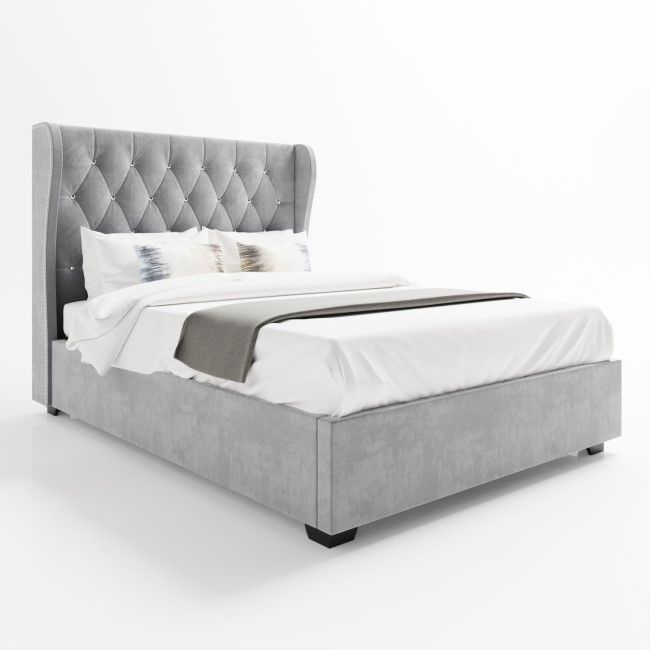 Grey Velvet Double Ottoman Bed with Diamante Headboard - Safina