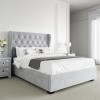 Grey Velvet King Size Ottoman Bed with Diamante Headboard - Safina