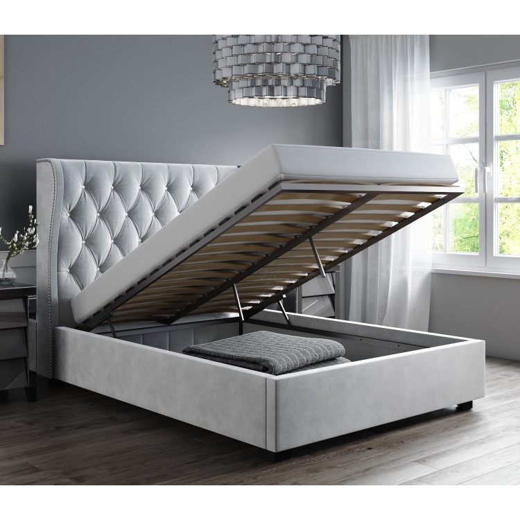 Safina Diamante Wing Back King Size Ottoman Bed in Silver Grey Velvet